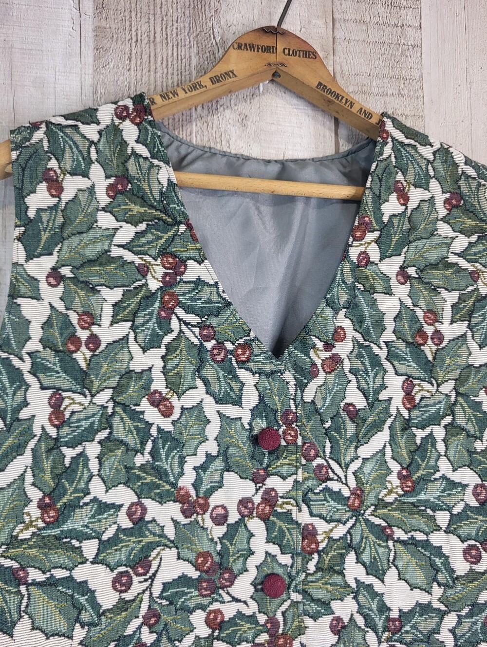 Festive Santa Claus Christmas Green Holly Print V-Neck Women's Vest - Picture 2 of 5